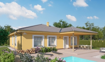Schlichter Bungalow mit überdachter Terrasse.